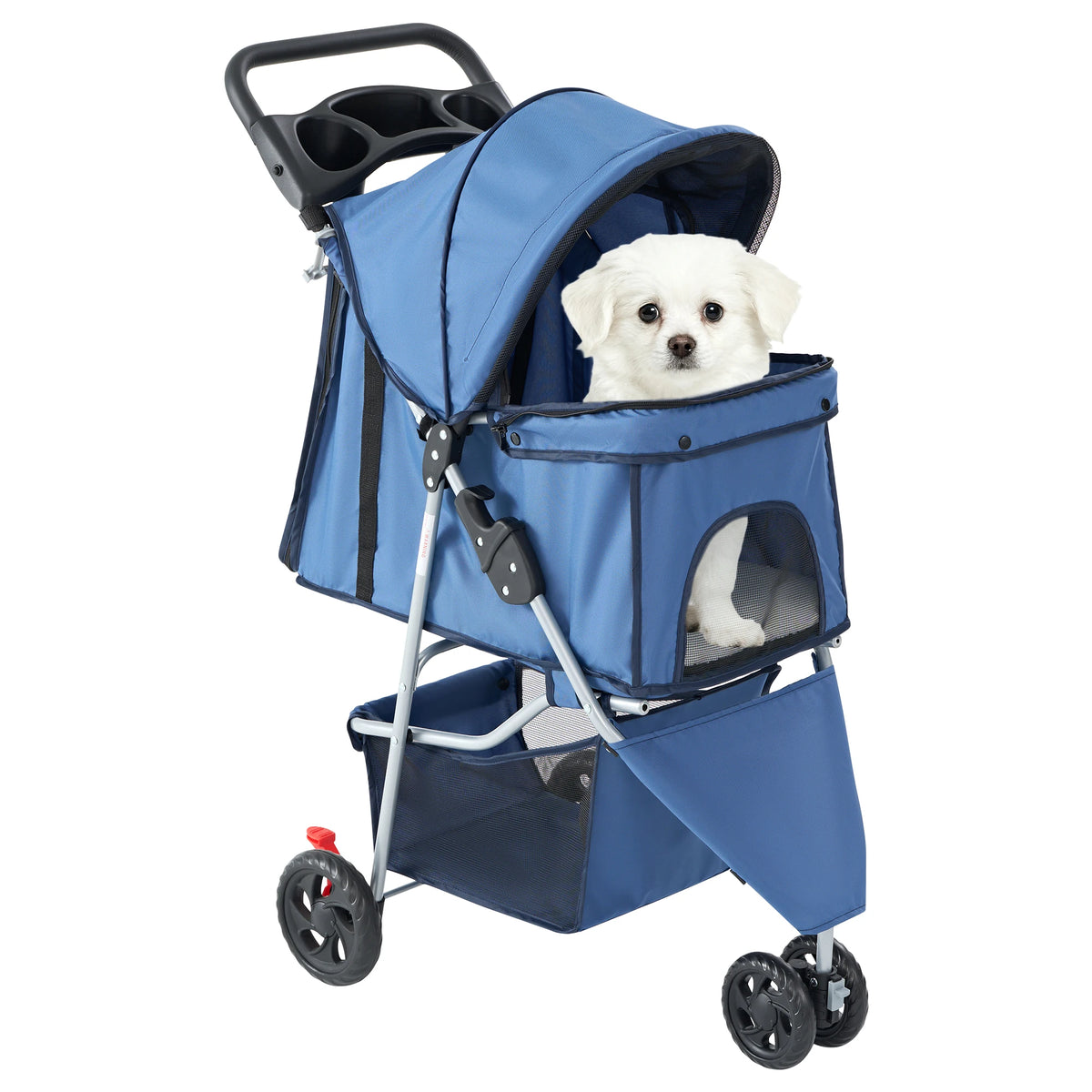 Foldable Pet Stroller For Small Dogs With 3 Wheel Design And Storage Basket
