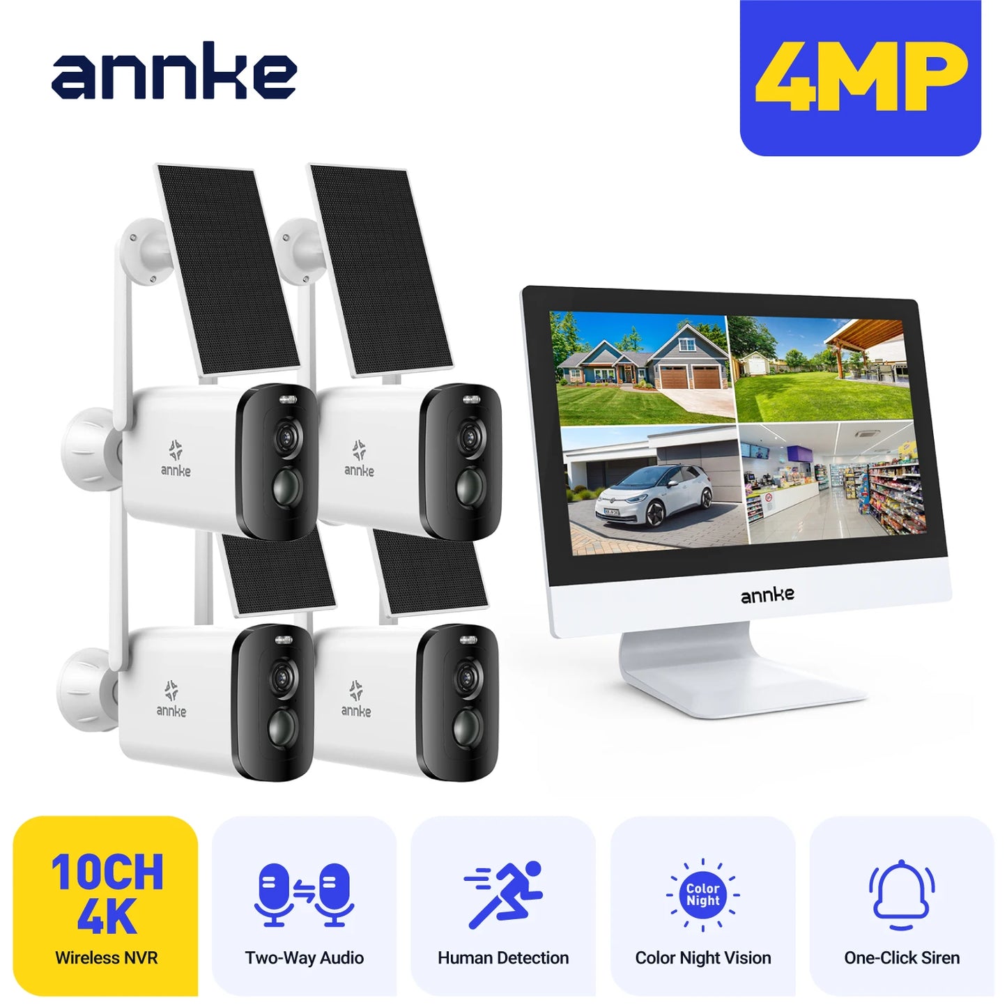 Annke 4MP Solar Security Cameras 12 Inch LCD PTZ WiFi Color Night Vision PIR