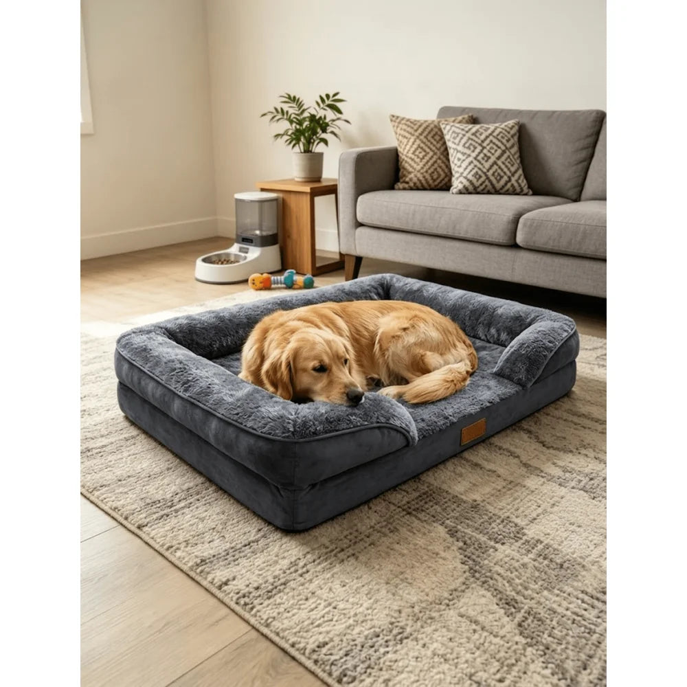 Large Gray Dog Cat Bed With Memory Foam And Removable Cover