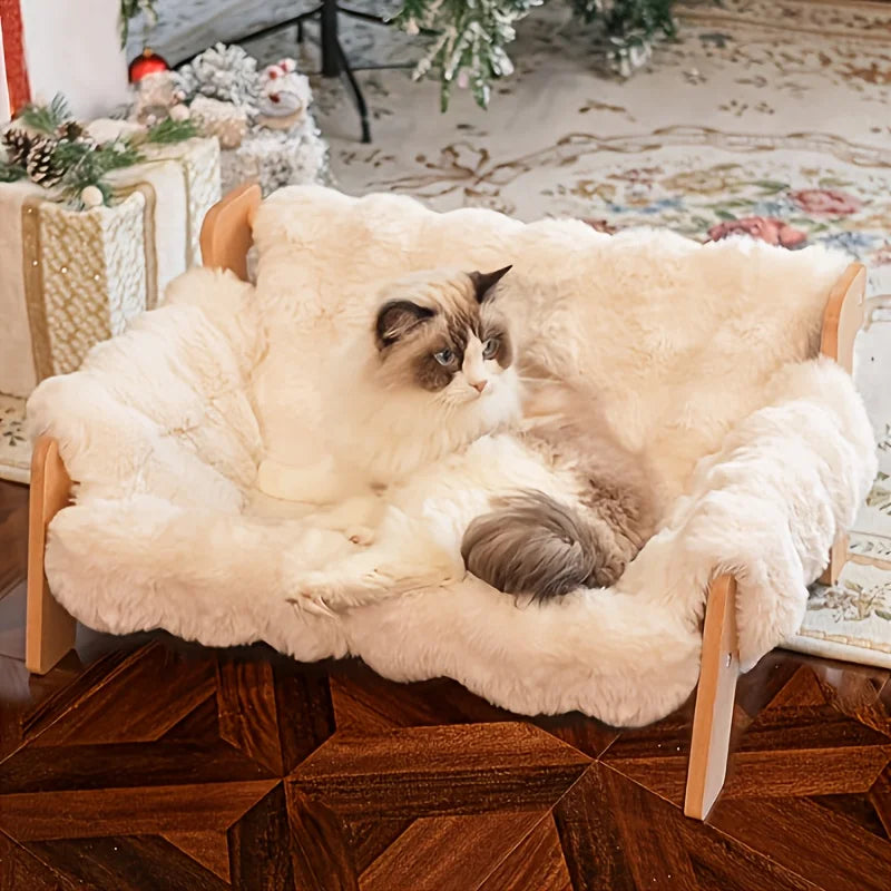 Raised Solid Wood Pet Couch Bed for Cats and Small Dogs with Wide Wood Frame
