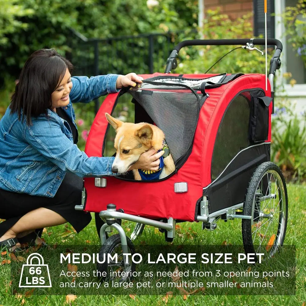 Red 2 In 1 Dog Bike Trailer Pet Stroller With Hitch And Suspension