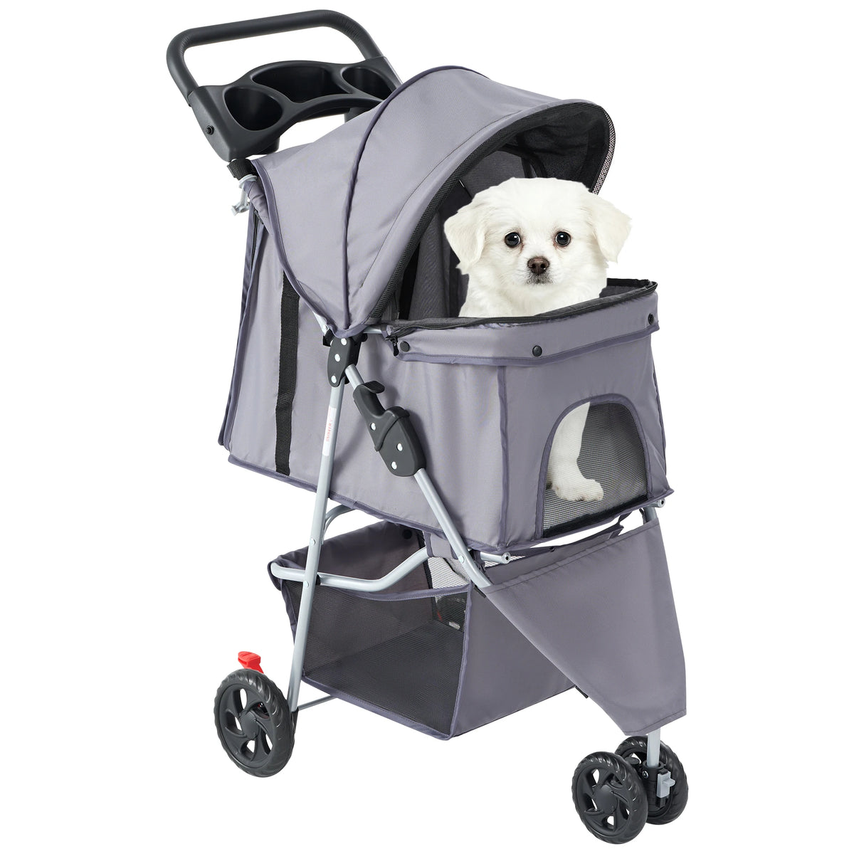 3 Wheel Foldable Pet Stroller For Small Dogs With Cushioned Wheels And Basket