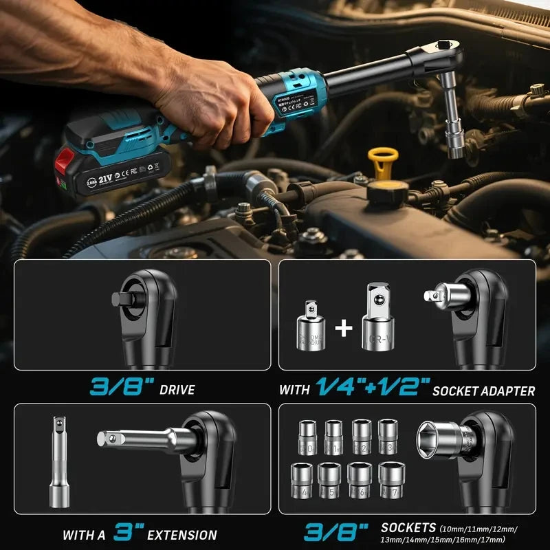 Seesii 21V Extended Cordless Electric Ratchet Wrench 80Nm 3/8 Inch