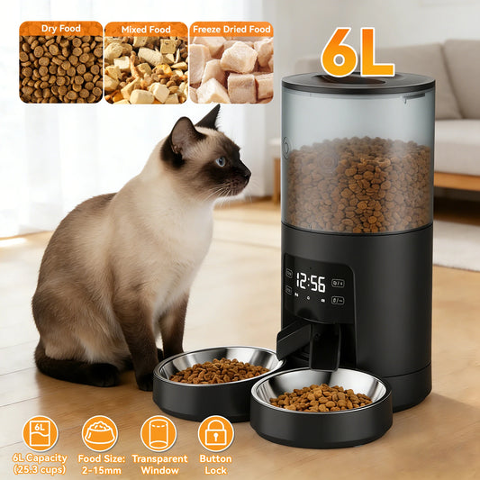 JHK 6L Automatic Cat Feeder With Dual Stainless Bowls Timed Dispenser