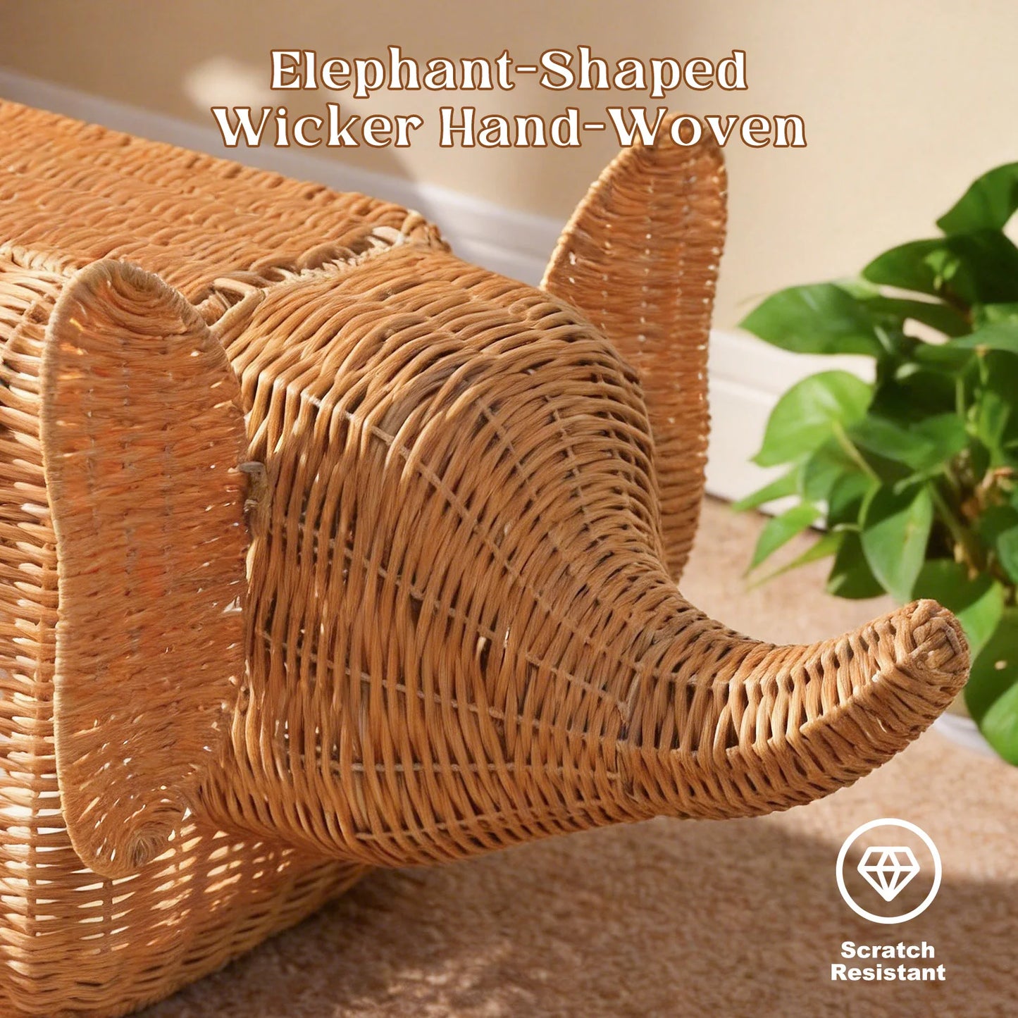 Handmade Elephant Rattan Cat Condo Bed Plush Cushioned Indoor Shelter For Large Cats