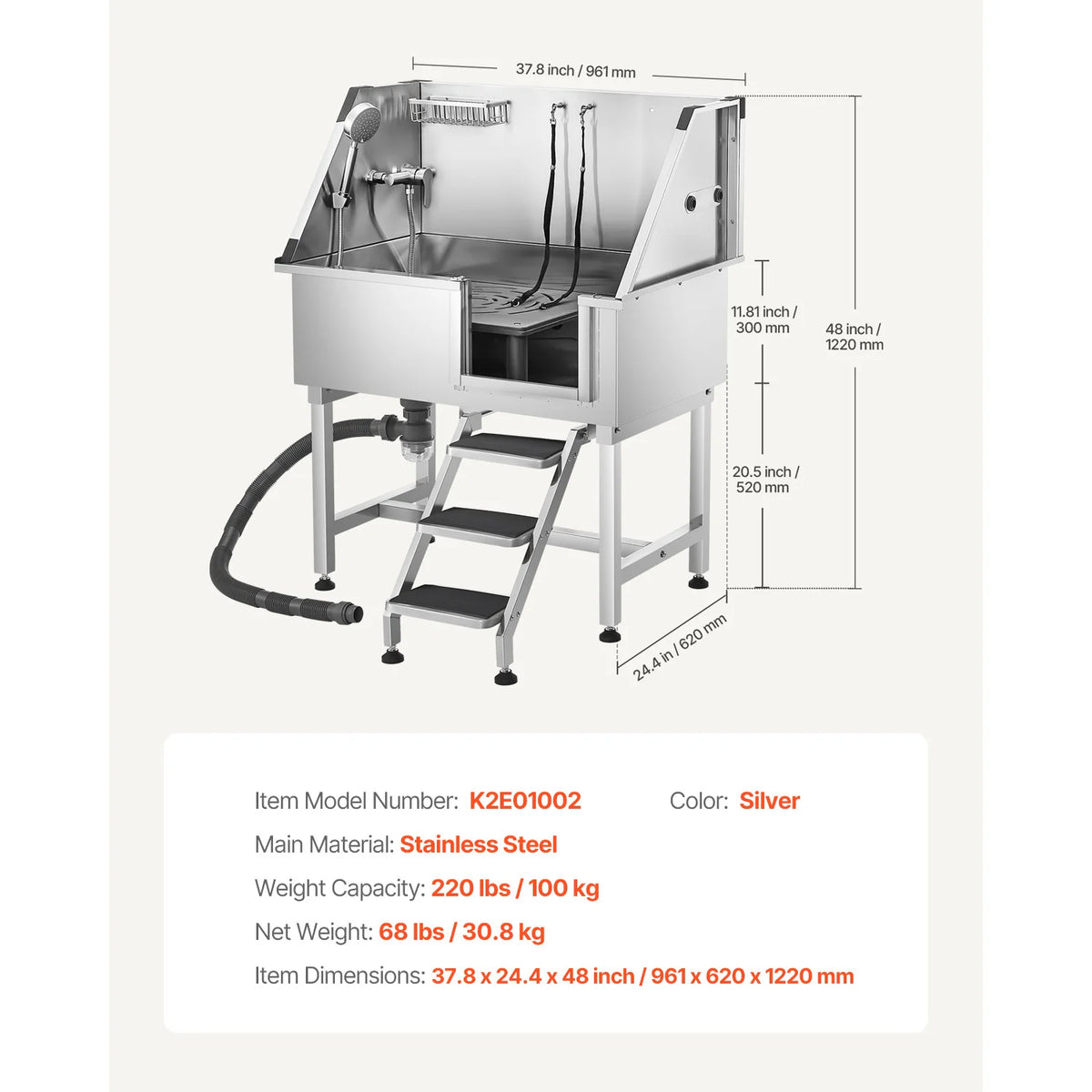 Stainless Steel Dog Washing Station With Shower And Storage Stairs