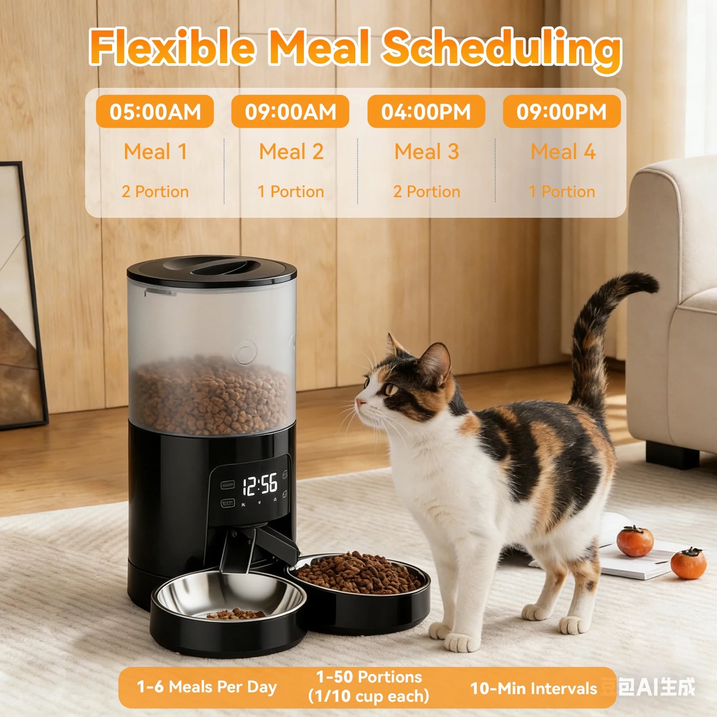 JHK 6L Automatic Cat Feeder With Dual Stainless Bowls Timed Dispenser
