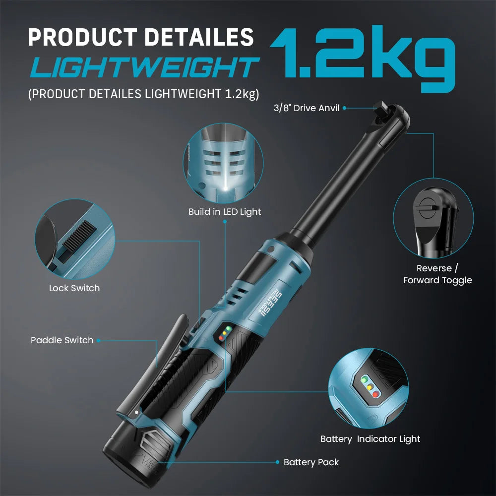 SEESII 12V Cordless 3/8 Inch Extended Ratchet Wrench 55Nm With 2 Batteries