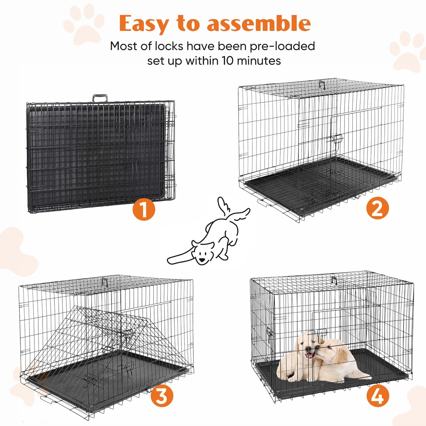 JHK 48 Inch Double Door Folding Metal Wire Dog Cage with Leak Proof Pan