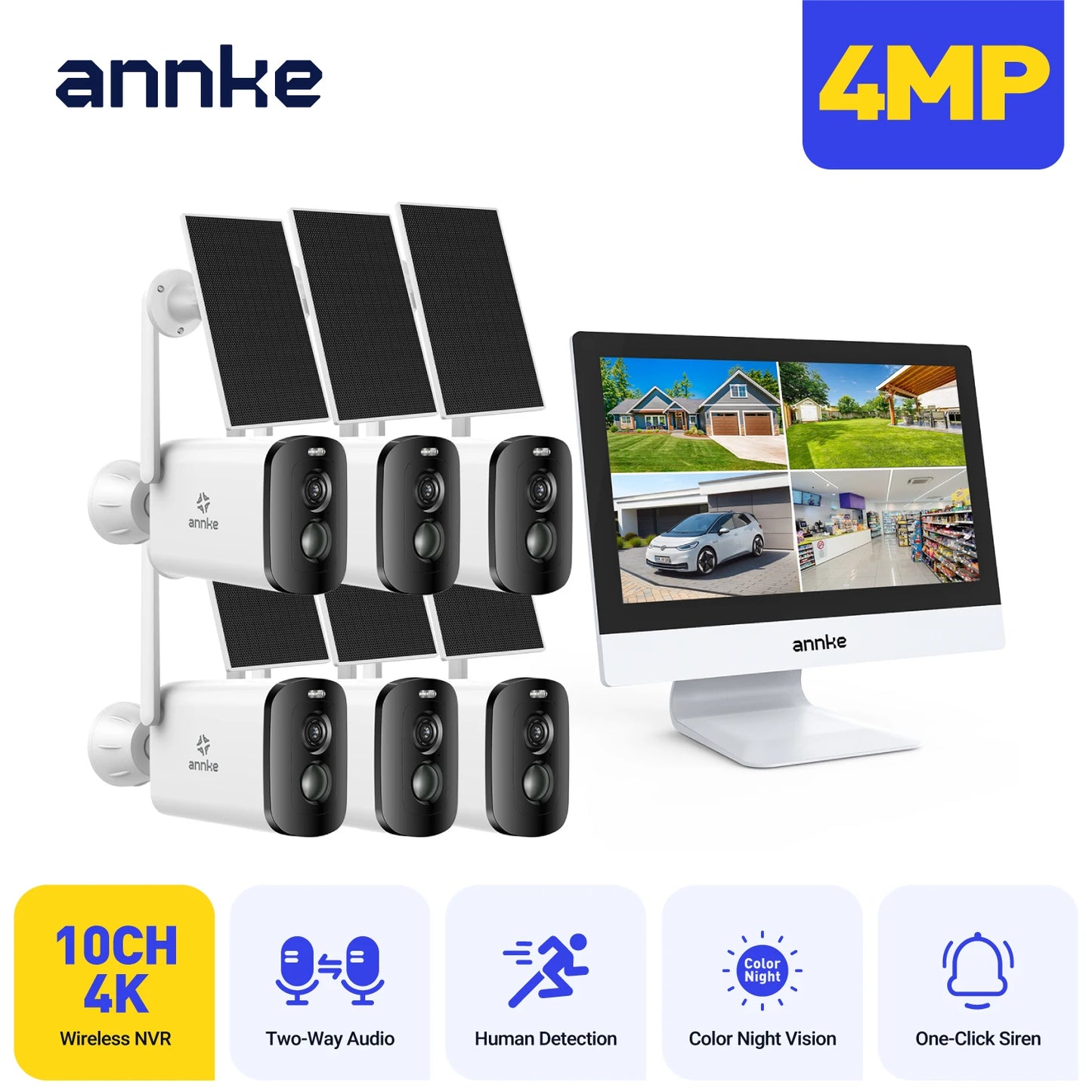 Annke 4MP Solar Security Cameras 12 Inch LCD PTZ WiFi Color Night Vision PIR