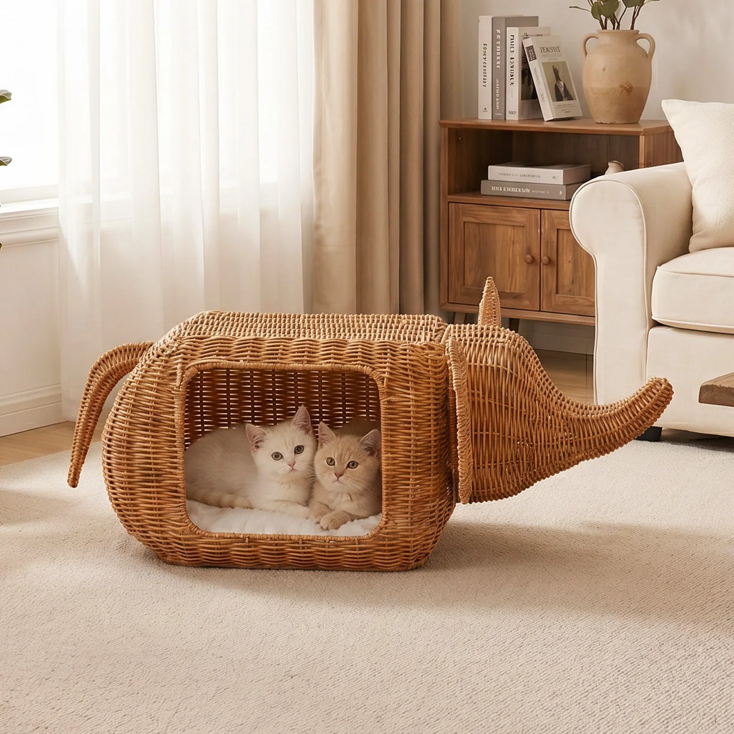 Handmade Elephant Rattan Cat Condo Bed Plush Cushioned Indoor Shelter For Large Cats