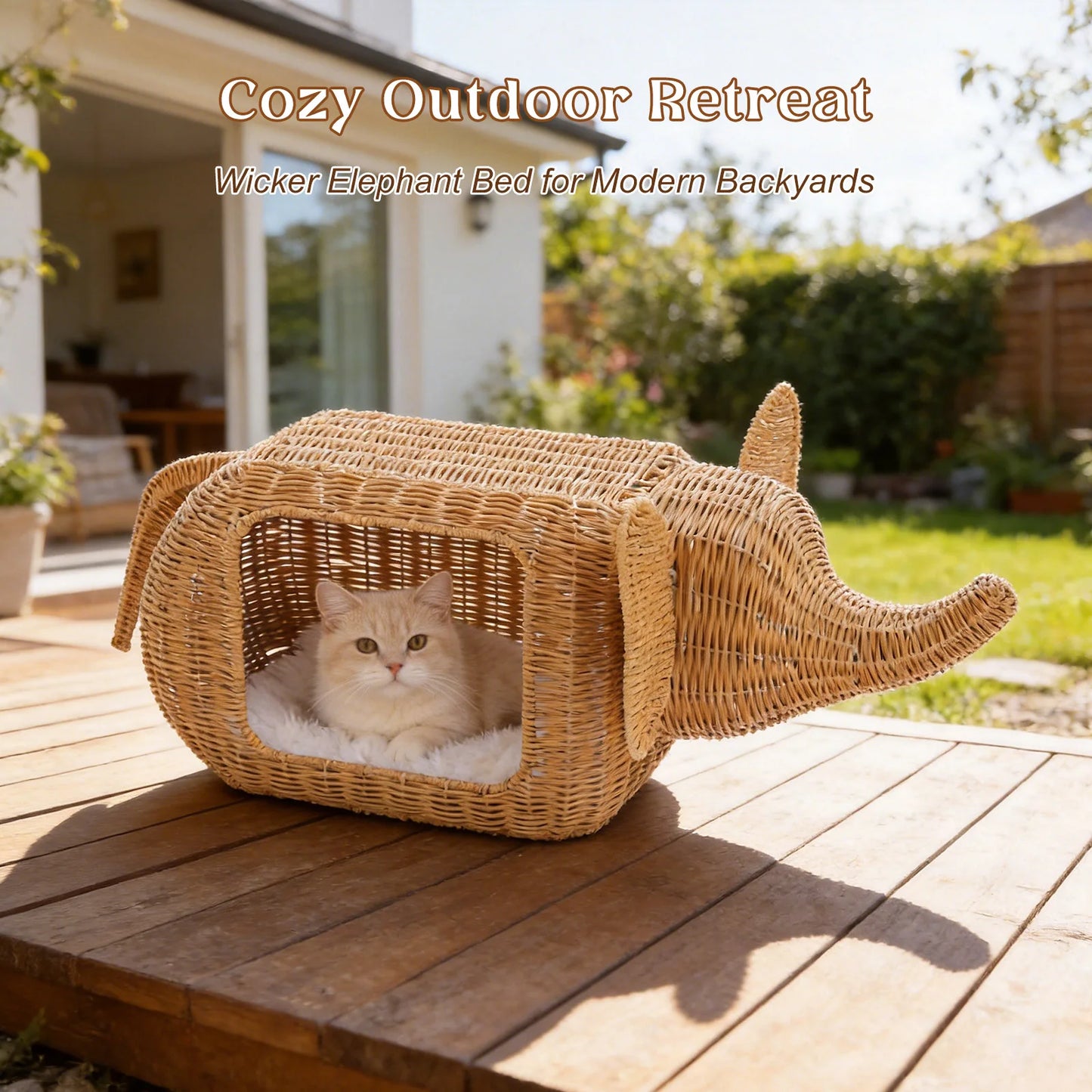 Handmade Elephant Rattan Cat Condo Bed Plush Cushioned Indoor Shelter For Large Cats