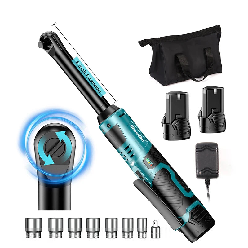 SEESII 12V Cordless 3/8 Inch Extended Ratchet Wrench 55Nm With 2 Batteries
