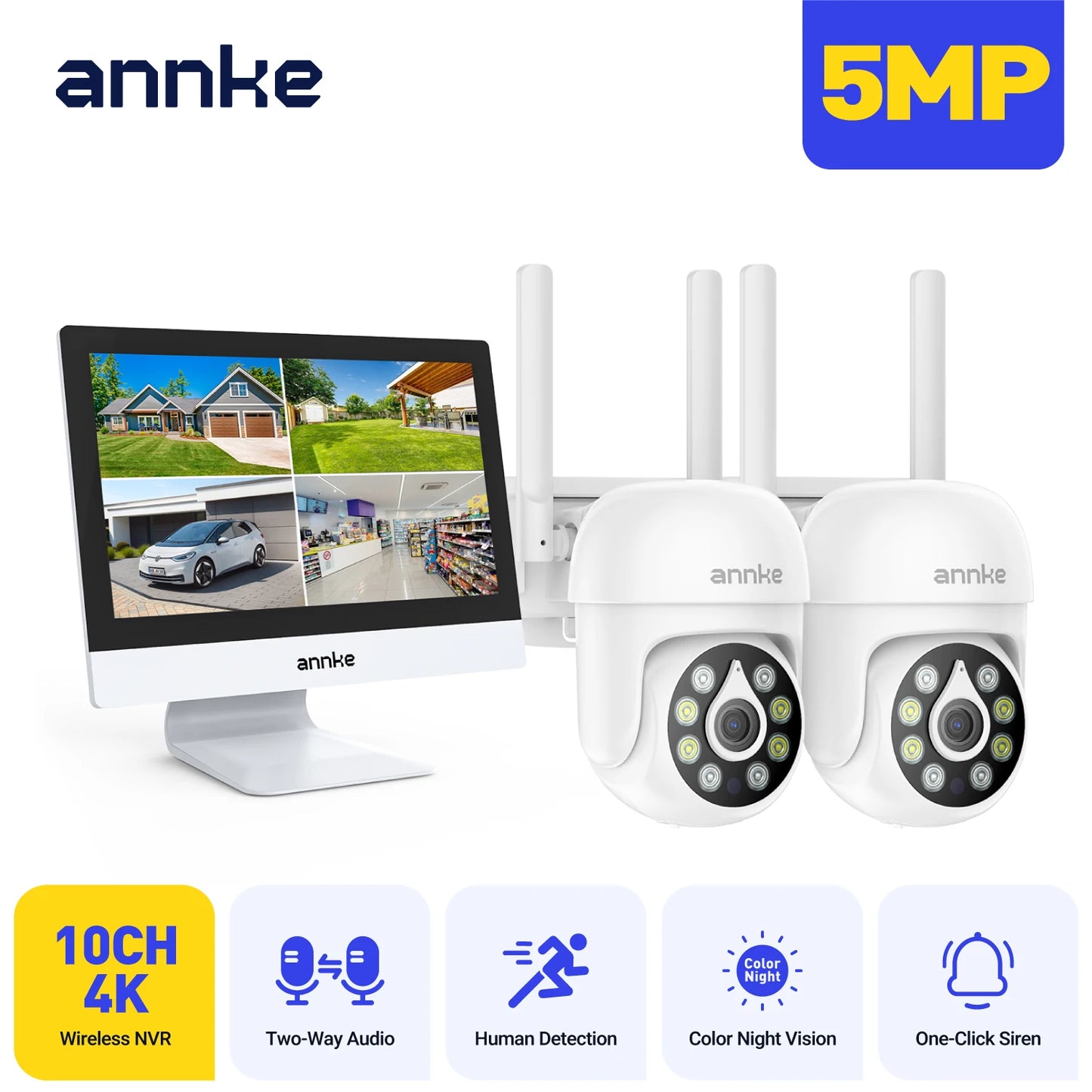 Annke 4MP Solar Security Cameras 12 Inch LCD PTZ WiFi Color Night Vision PIR