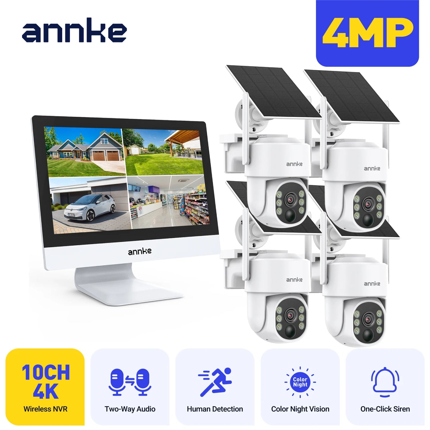 Annke 4MP Solar Security Cameras 12 Inch LCD PTZ WiFi Color Night Vision PIR