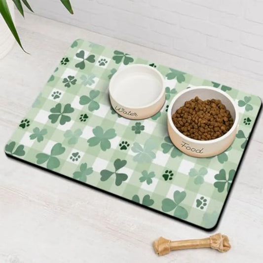 St Patrick Day Dog Food And Water Mat Green Paw Prints Clover Non Slip Waterproof