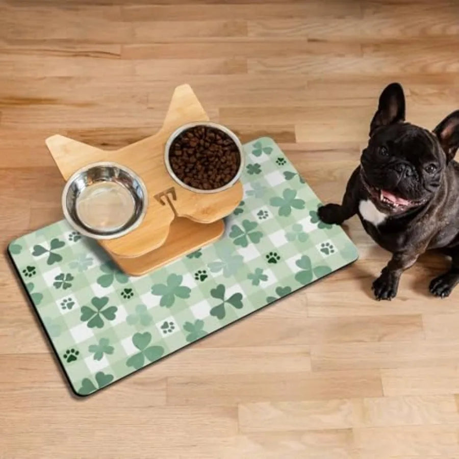 St Patrick Day Dog Food And Water Mat Green Paw Prints Clover Non Slip Waterproof