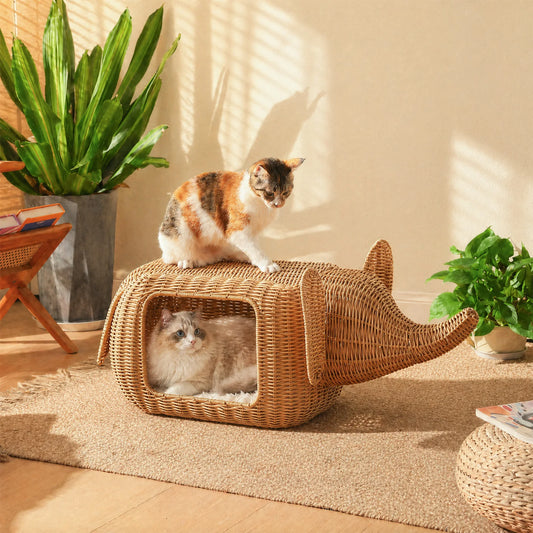Handmade Elephant Rattan Cat Condo Bed Plush Cushioned Indoor Shelter For Large Cats