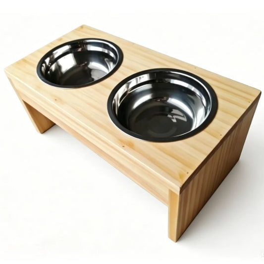 Wooden Elevated Dog Bowls Stainless Steel Double Bowls Non Slip Raised Feeder
