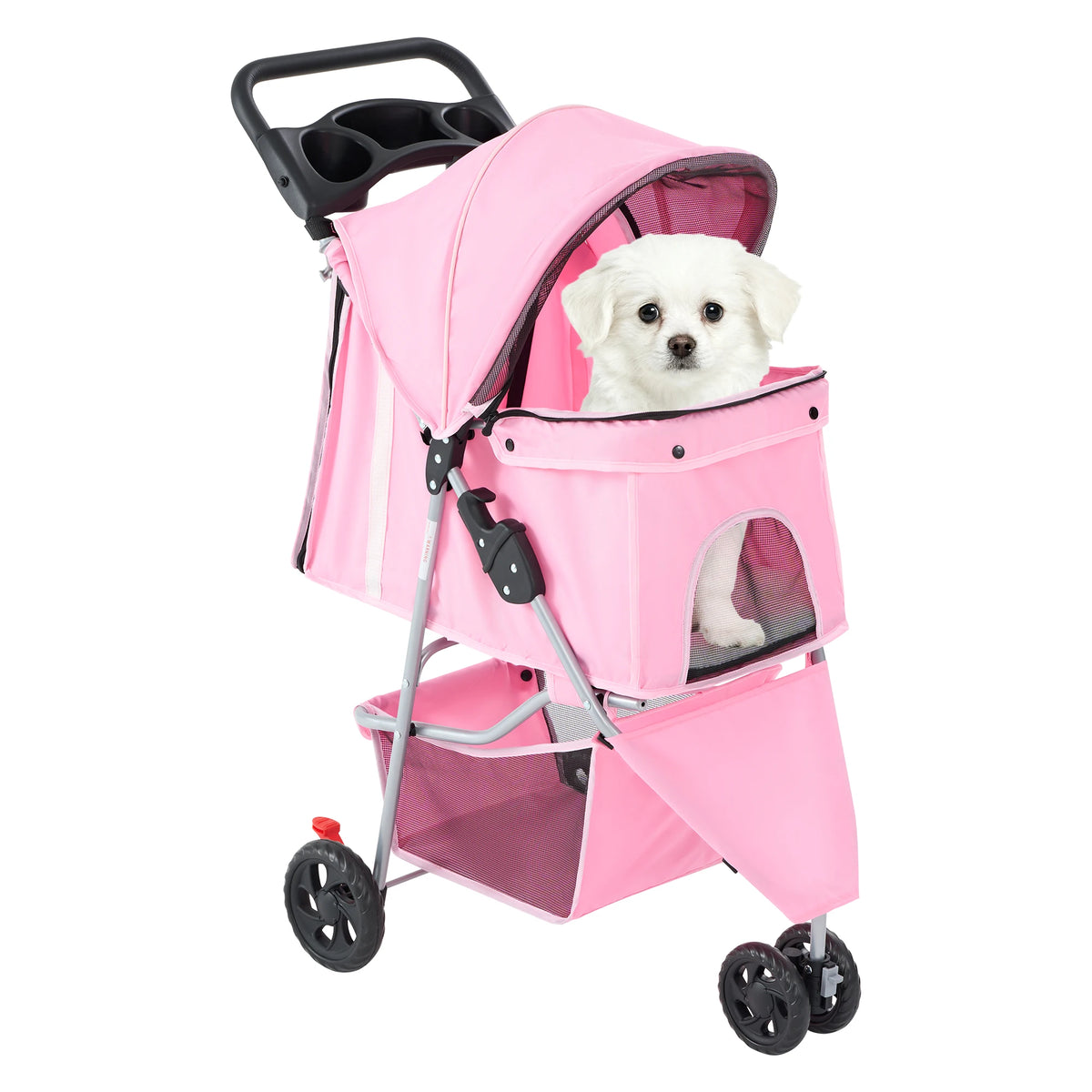 Foldable Pet Stroller For Small Dogs With 3 Wheel Design And Storage Basket
