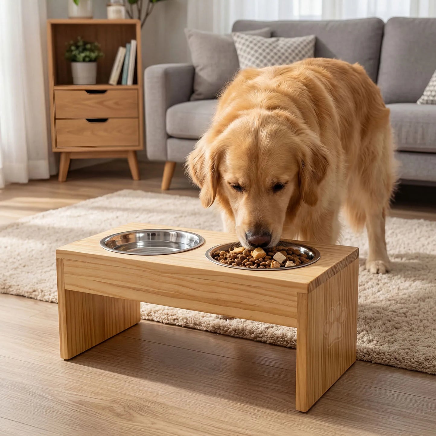 Wooden Elevated Dog Bowls Stainless Steel Double Bowls Non Slip Raised Feeder