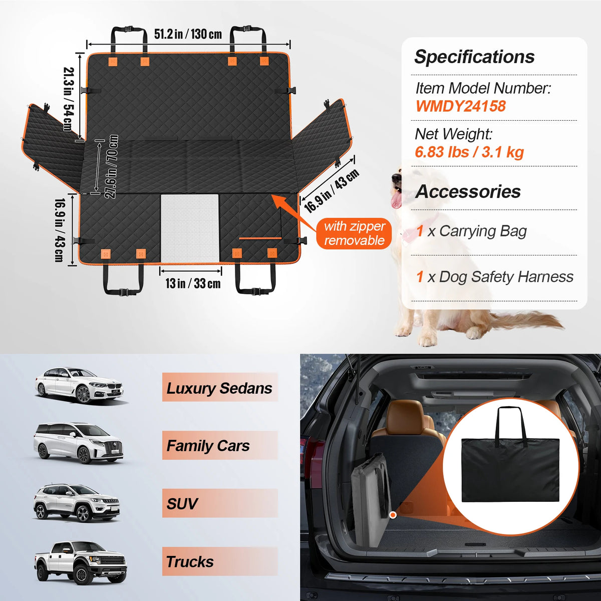 SucceBuy Dog Car Seat Cover Back Seat Extender 350 Lbs Pet Hammock With Storage