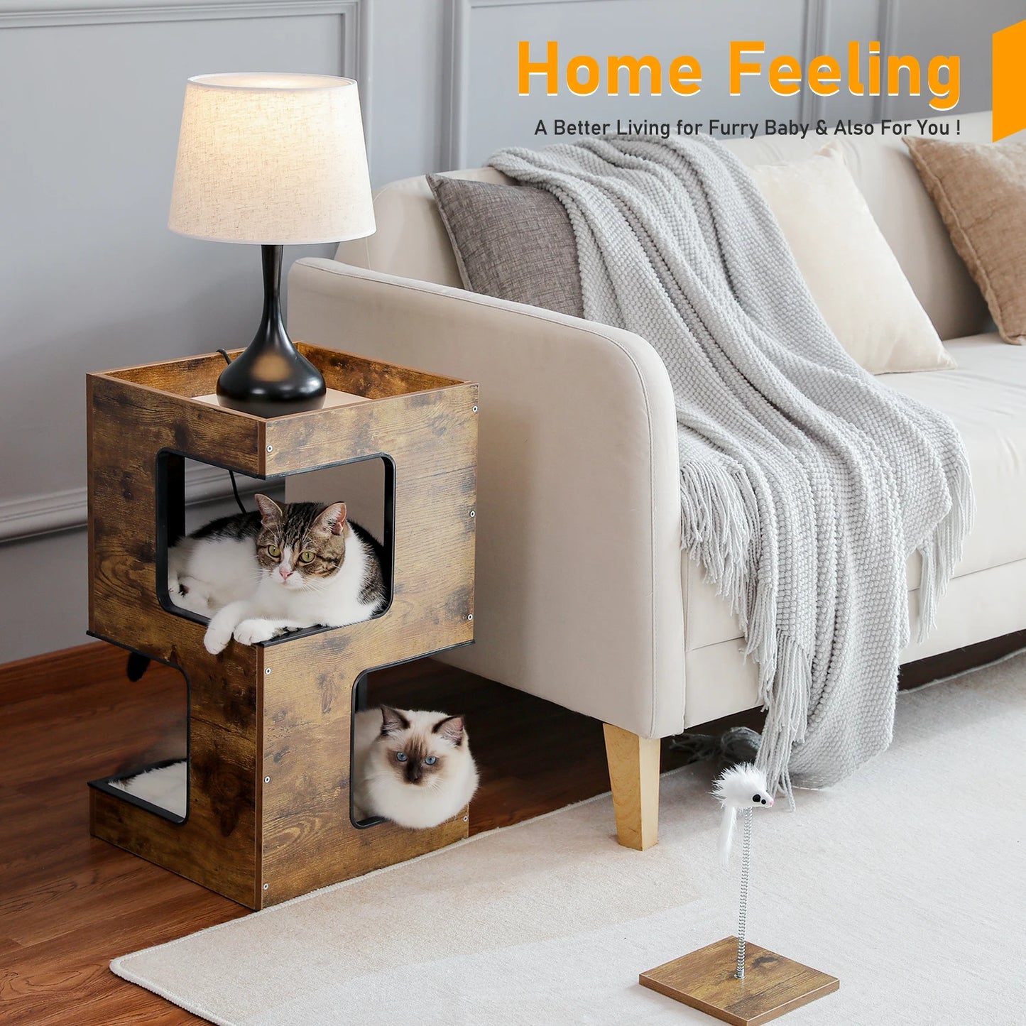 Wood Cat Condo House Bed With Removable Soft Mats Cat Tree Tower Scratcher