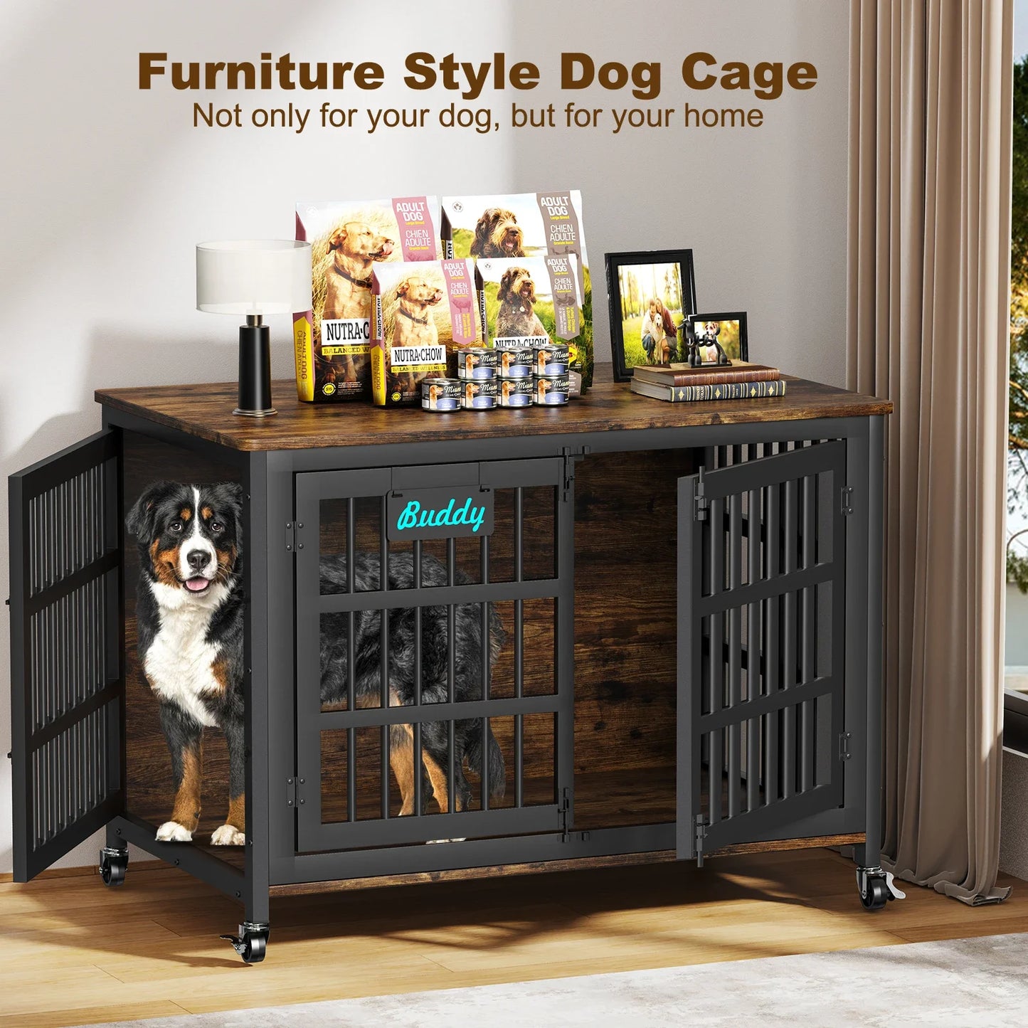 Dog Crate Furniture Casters Heavy Duty Kennel For Large Medium Dogs TV Stand