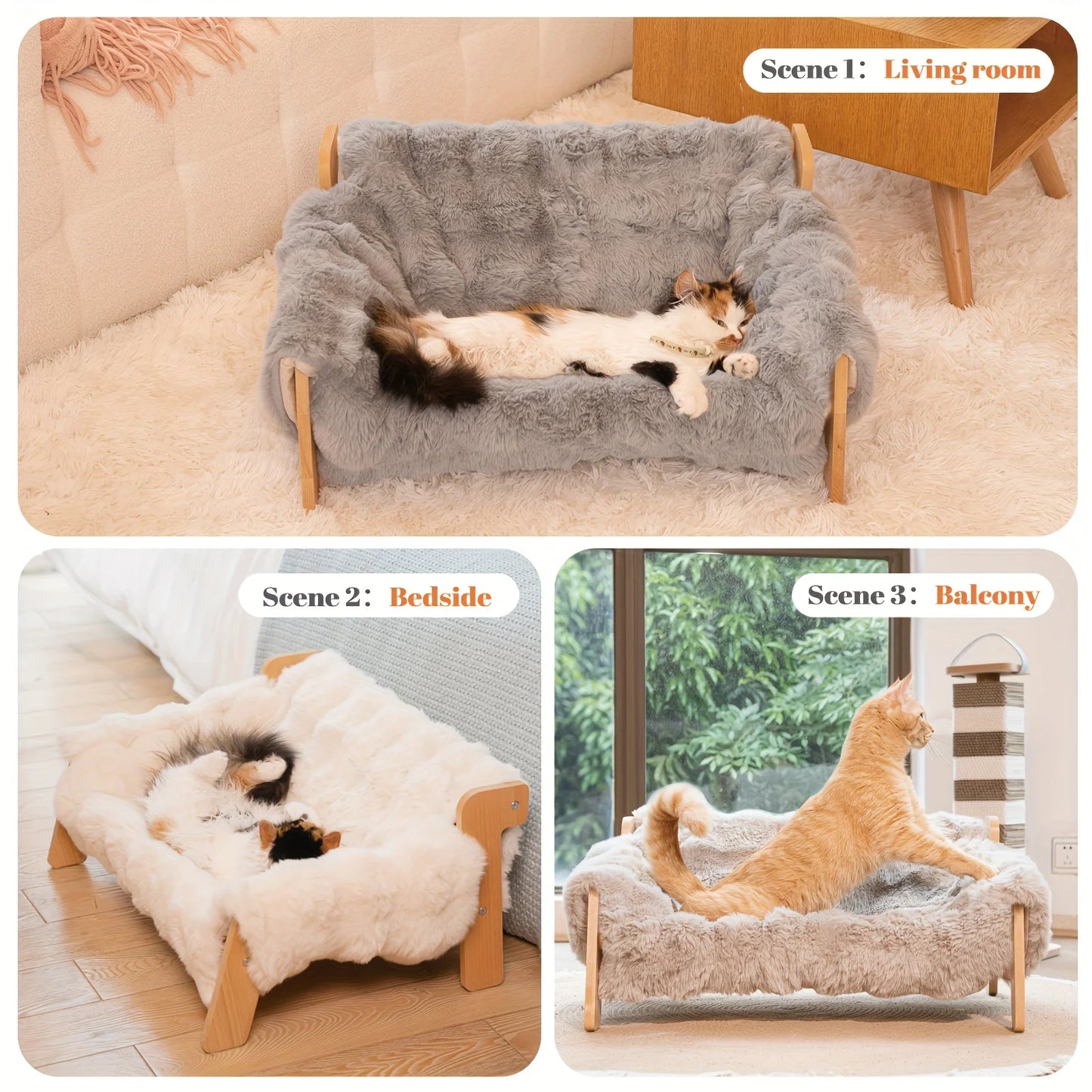 Raised Solid Wood Pet Couch Bed for Cats and Small Dogs with Wide Wood Frame