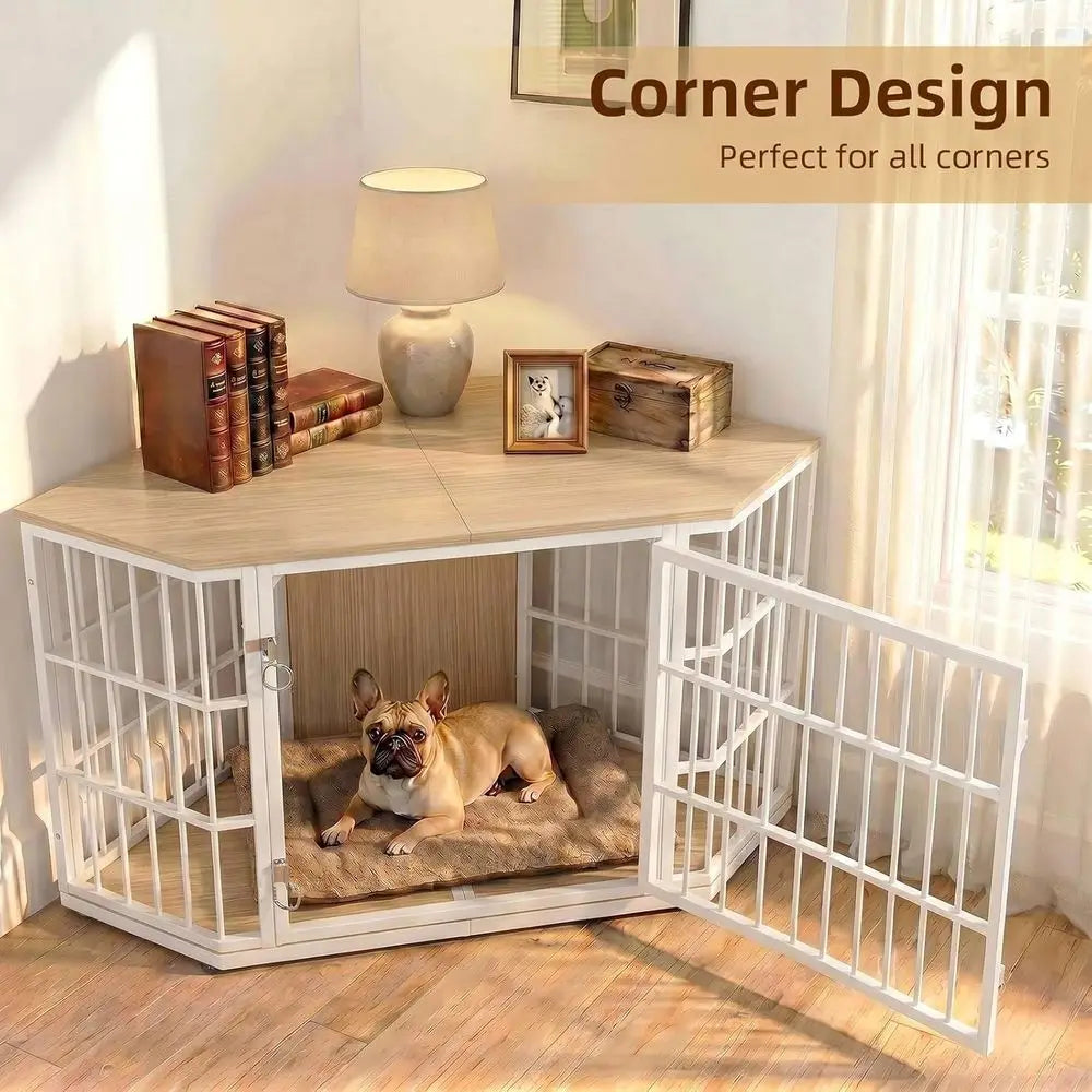 52 Inch Wooden Dog Crate And Side Table For Large Indoor Pets