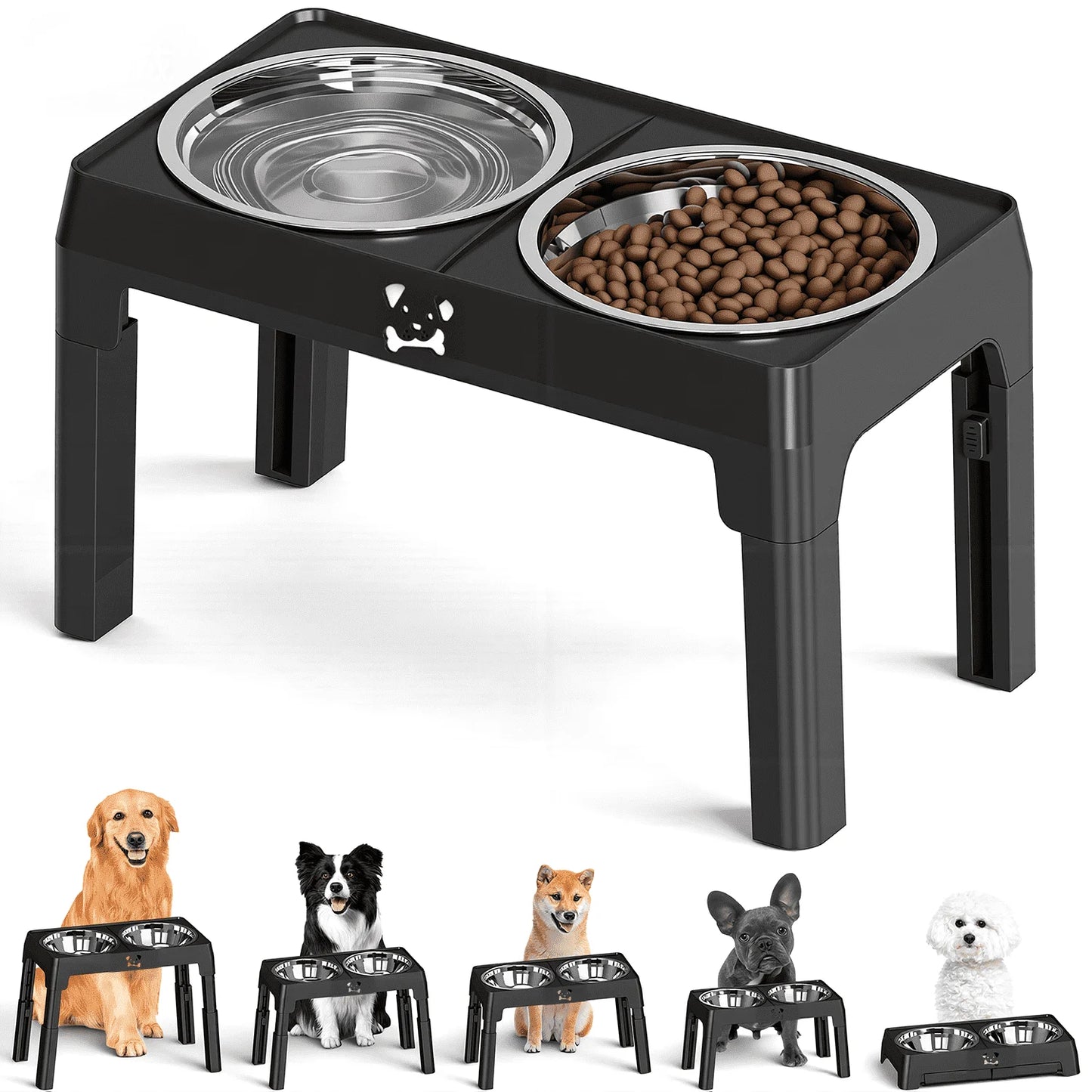 Elevated Dog Bowls Adjustable 5 Height Raised Feeder 2 Stainless Steel Bowls