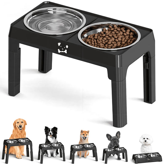 Elevated Dog Bowls Adjustable 5 Height Raised Feeder 2 Stainless Steel Bowls