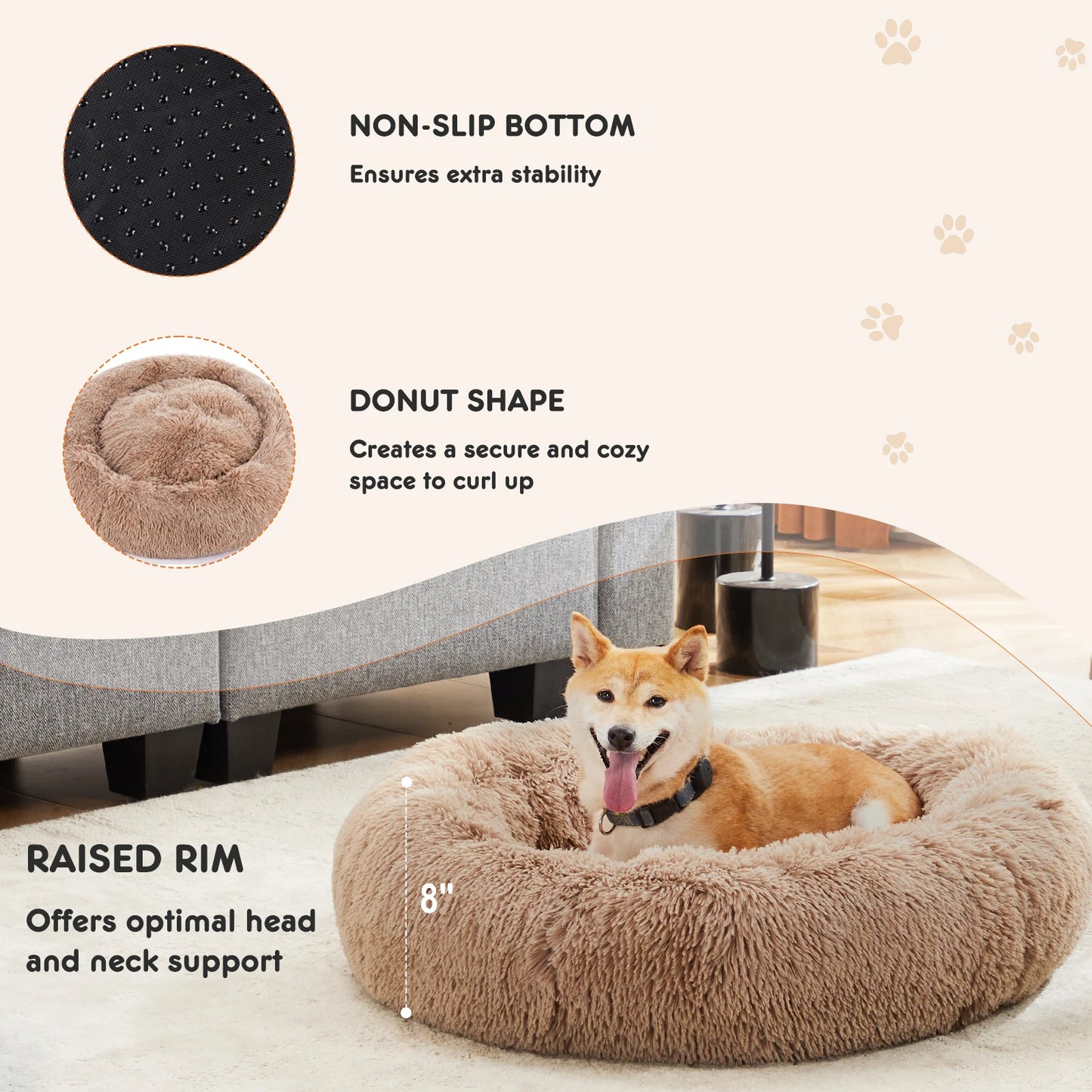 JHK Calming Dog Bed For Medium To Large Dogs Washable Round Plush Faux Fur