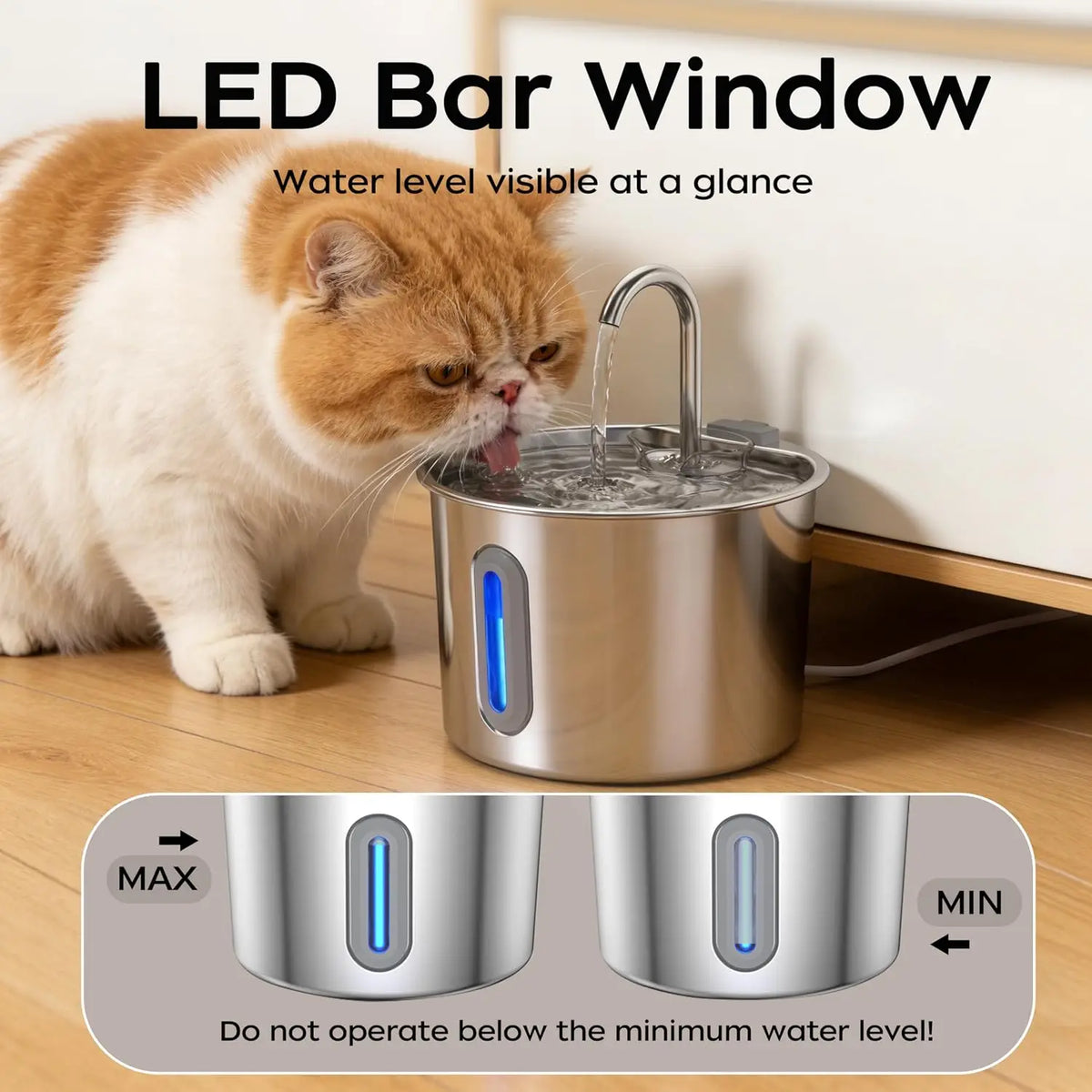 Stainless Steel Cat Water Fountain 74oz 2.2L Quiet Pet Dispenser