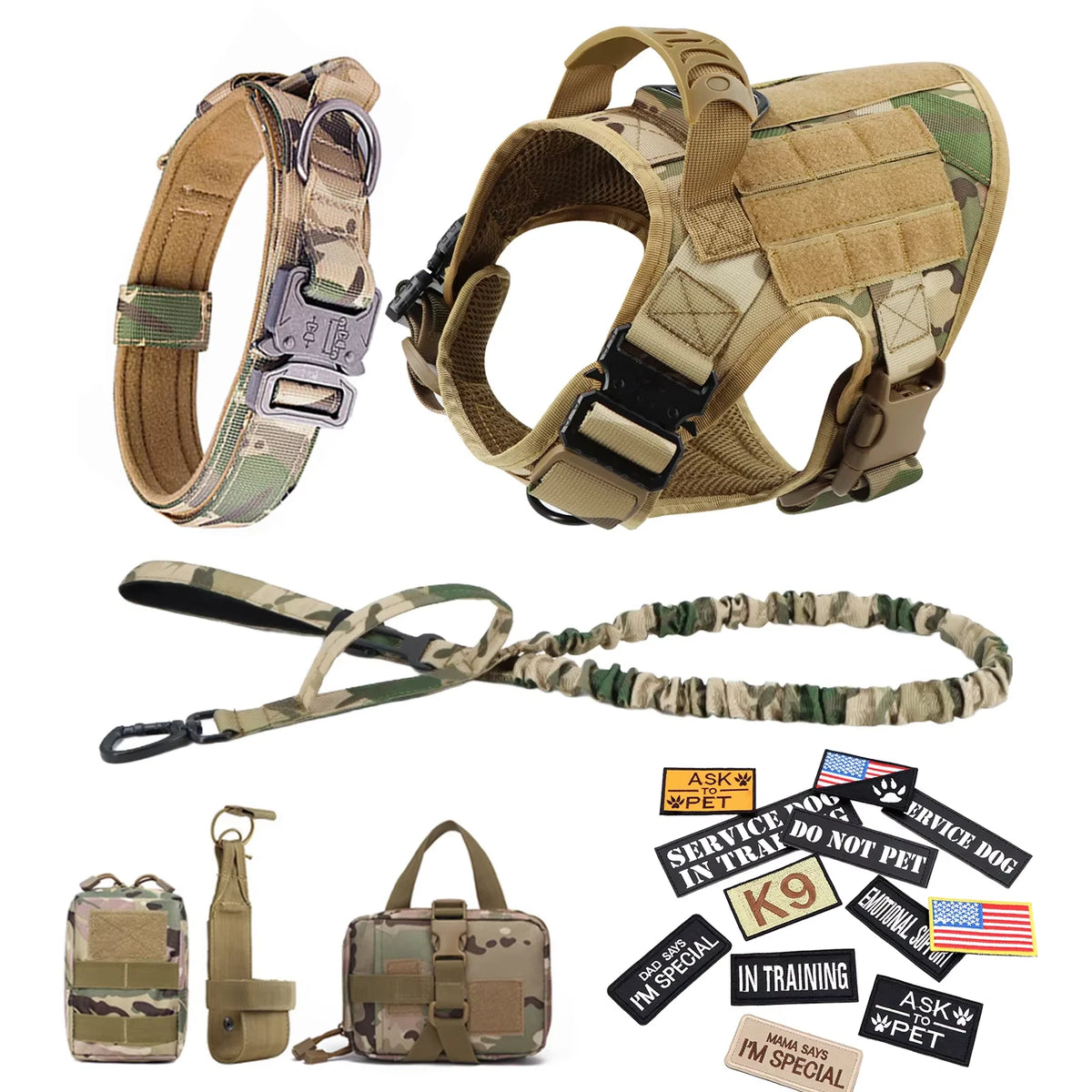 Tactical Dog Harness Vest Set Padded Nylon Quick Release For Large Breeds