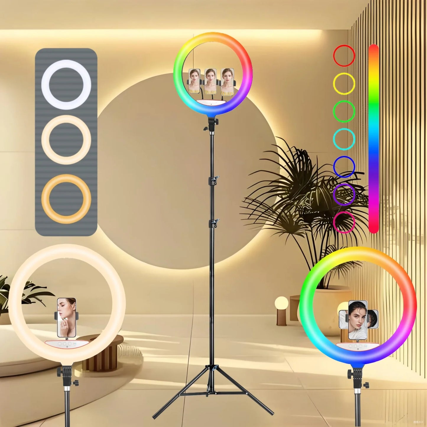 18 Inch Ring Light With RGB Color Modes 1.86m Foldable Tripod 3 Phone Mounts