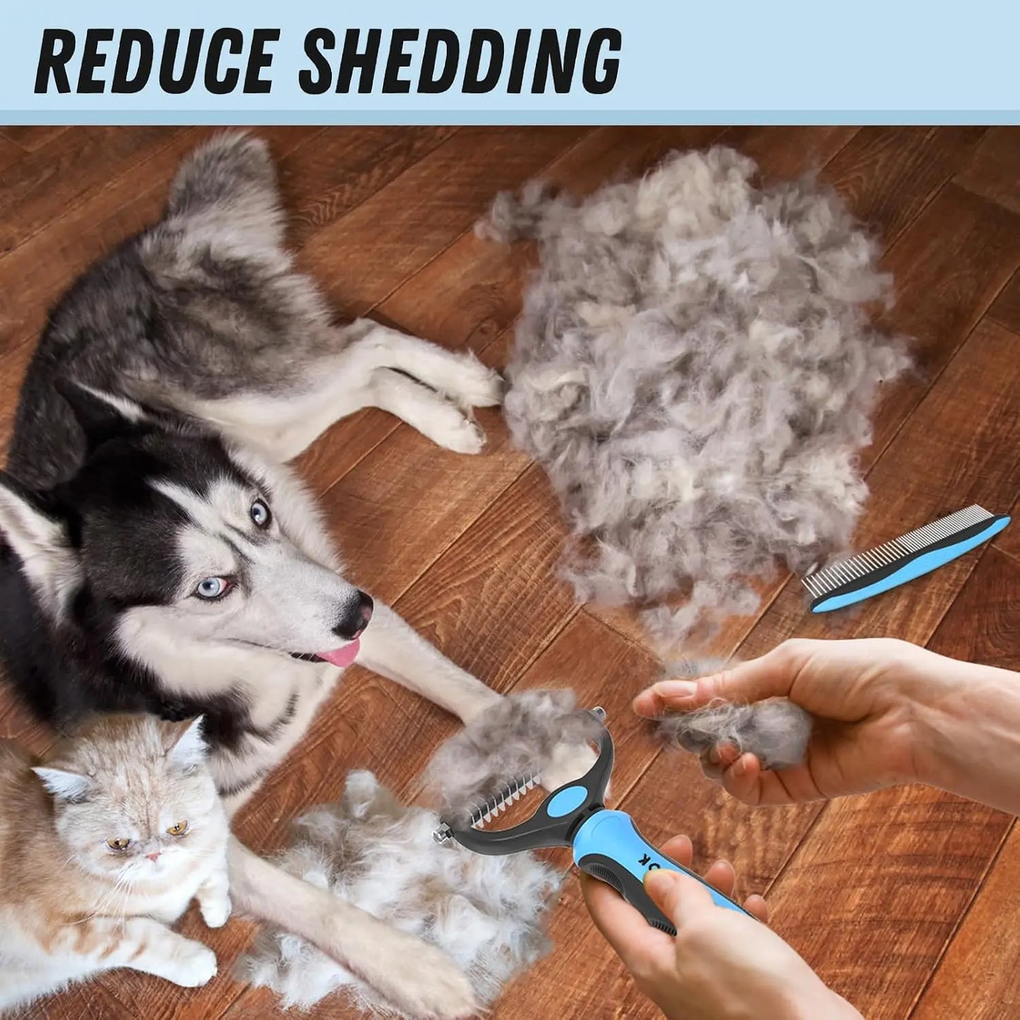 Blue Deshedding Brush And Metal Comb For Detangling And Dematting Long Fur