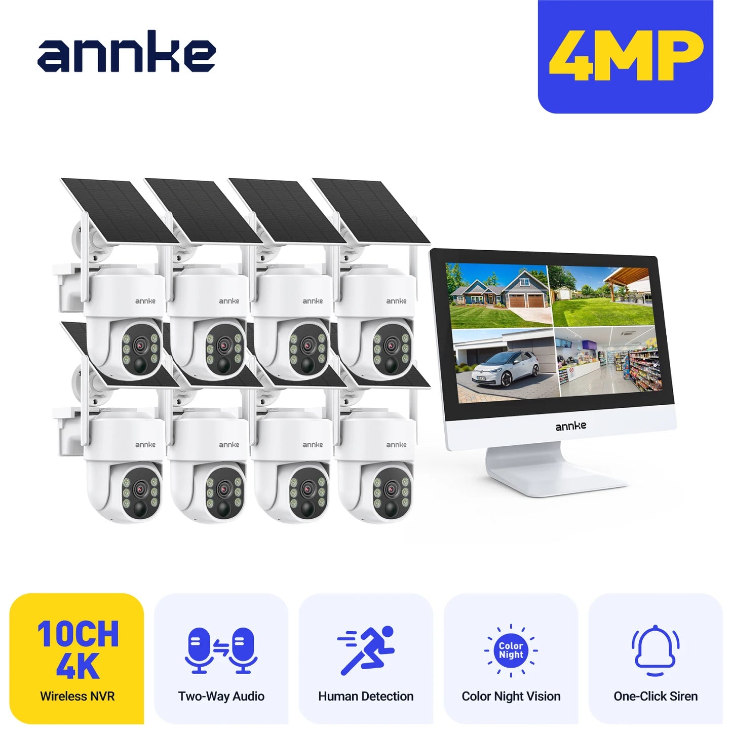 Annke 4MP Solar Security Cameras 12 Inch LCD PTZ WiFi Color Night Vision PIR
