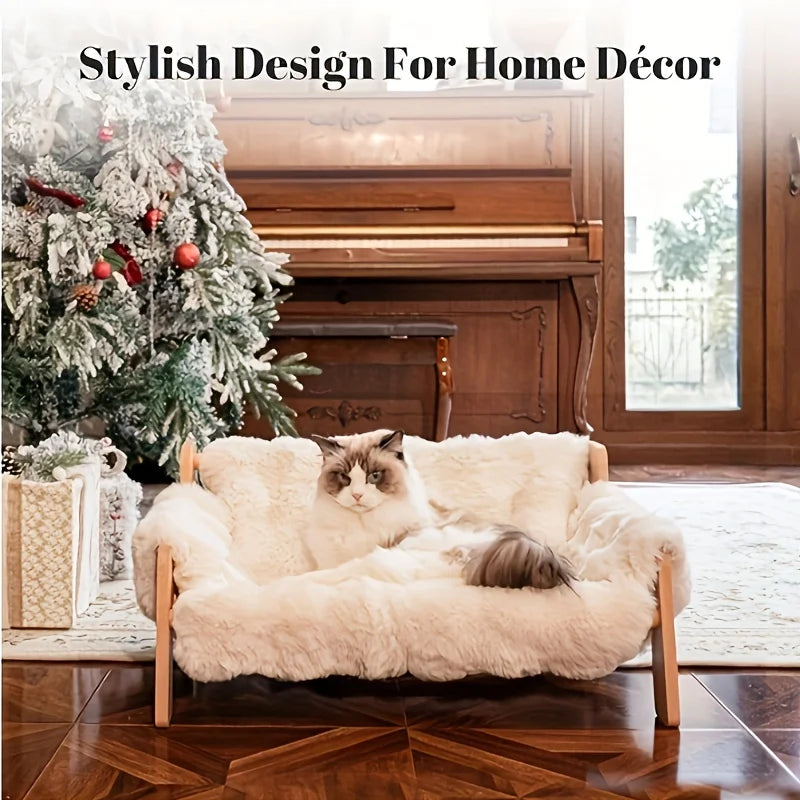 Raised Solid Wood Pet Couch Bed for Cats and Small Dogs with Wide Wood Frame