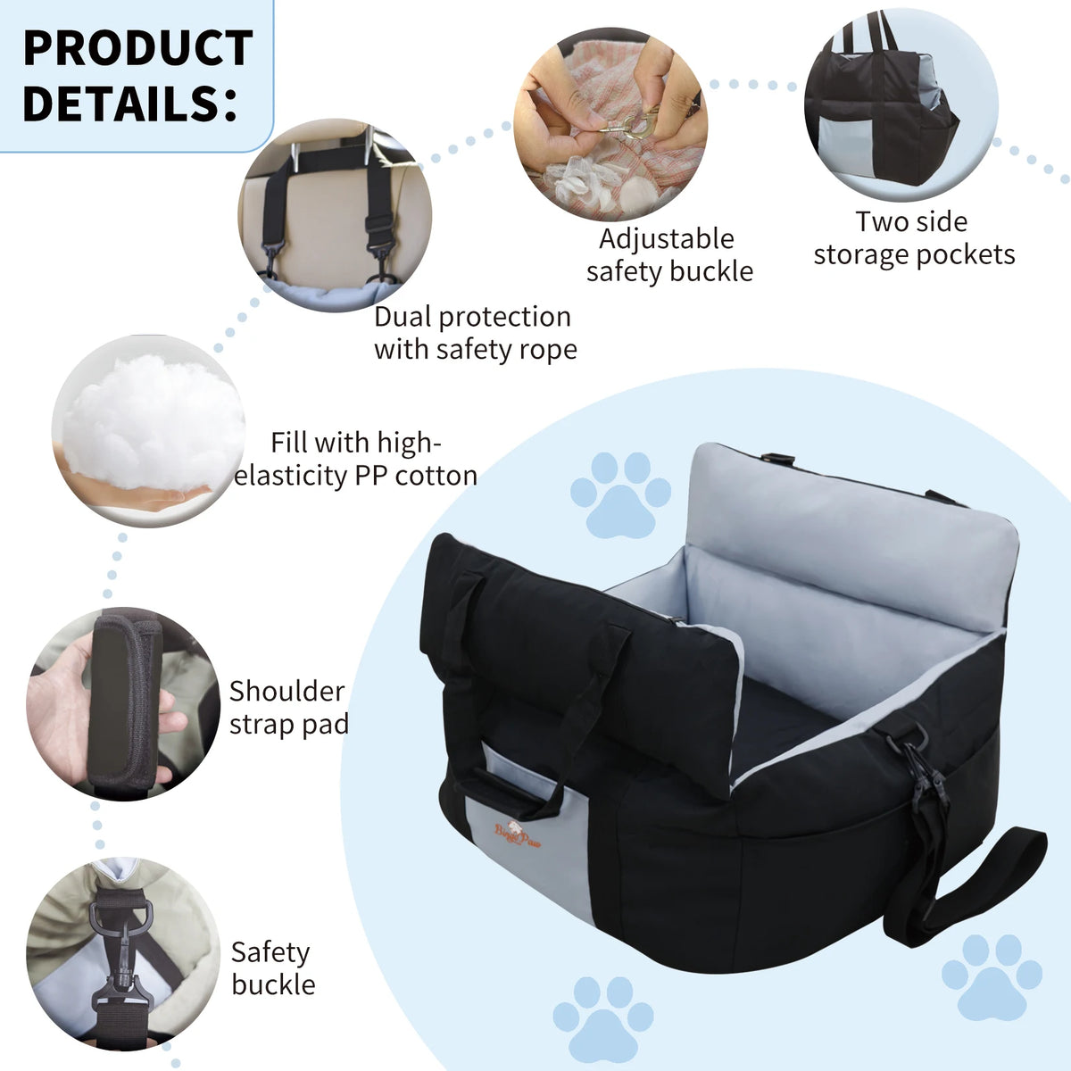 Portable Dog Car Seat Booster With Safety Belt And Removable Washable Cover
