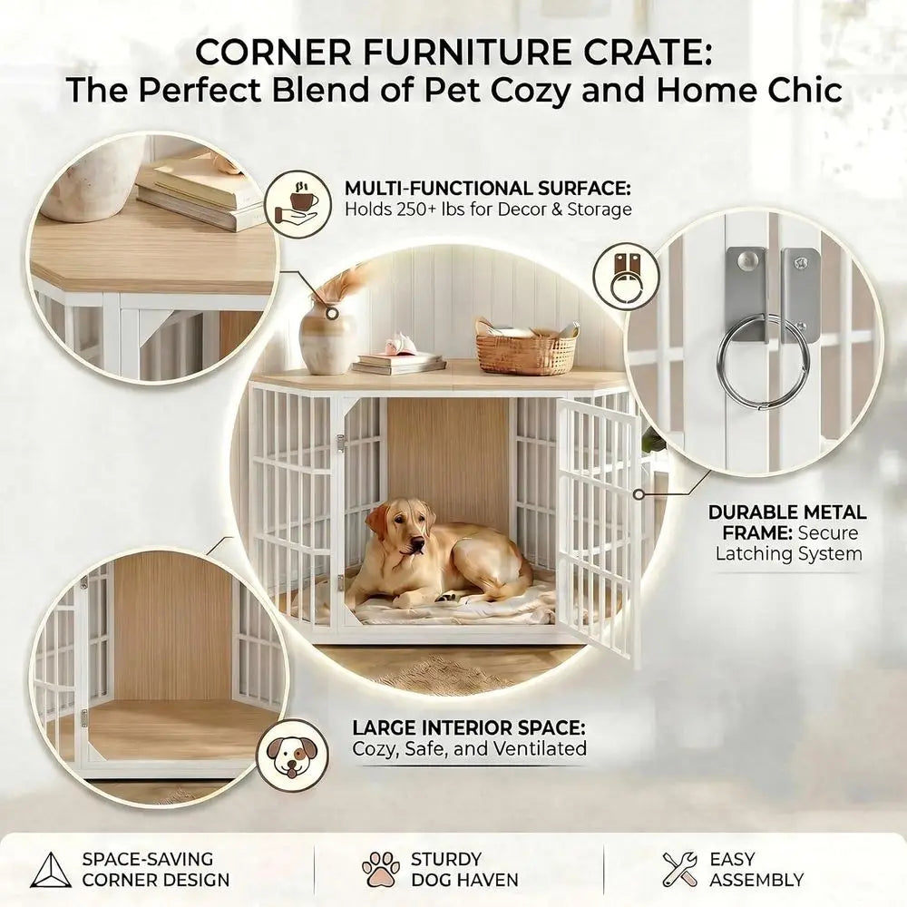 52 Inch Wooden Dog Crate And Side Table For Large Indoor Pets