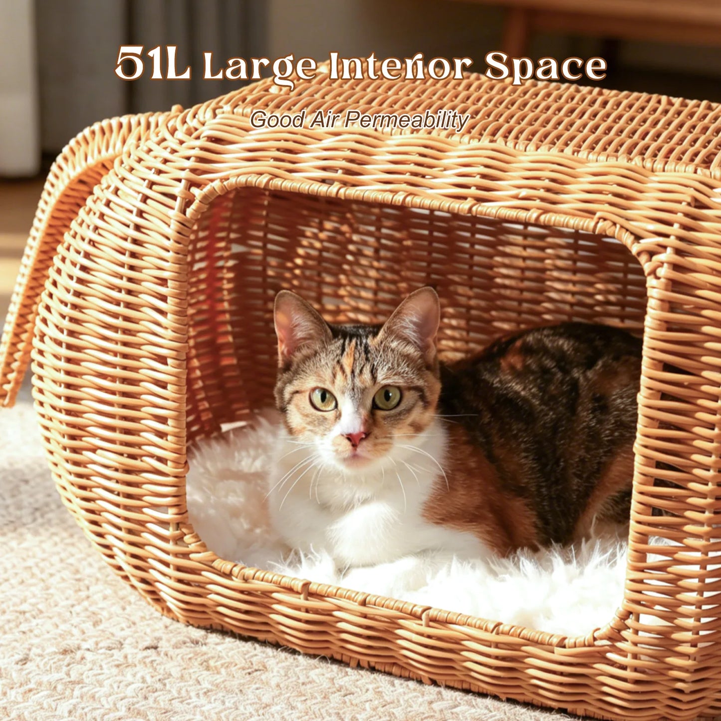 Handmade Elephant Rattan Cat Condo Bed Plush Cushioned Indoor Shelter For Large Cats
