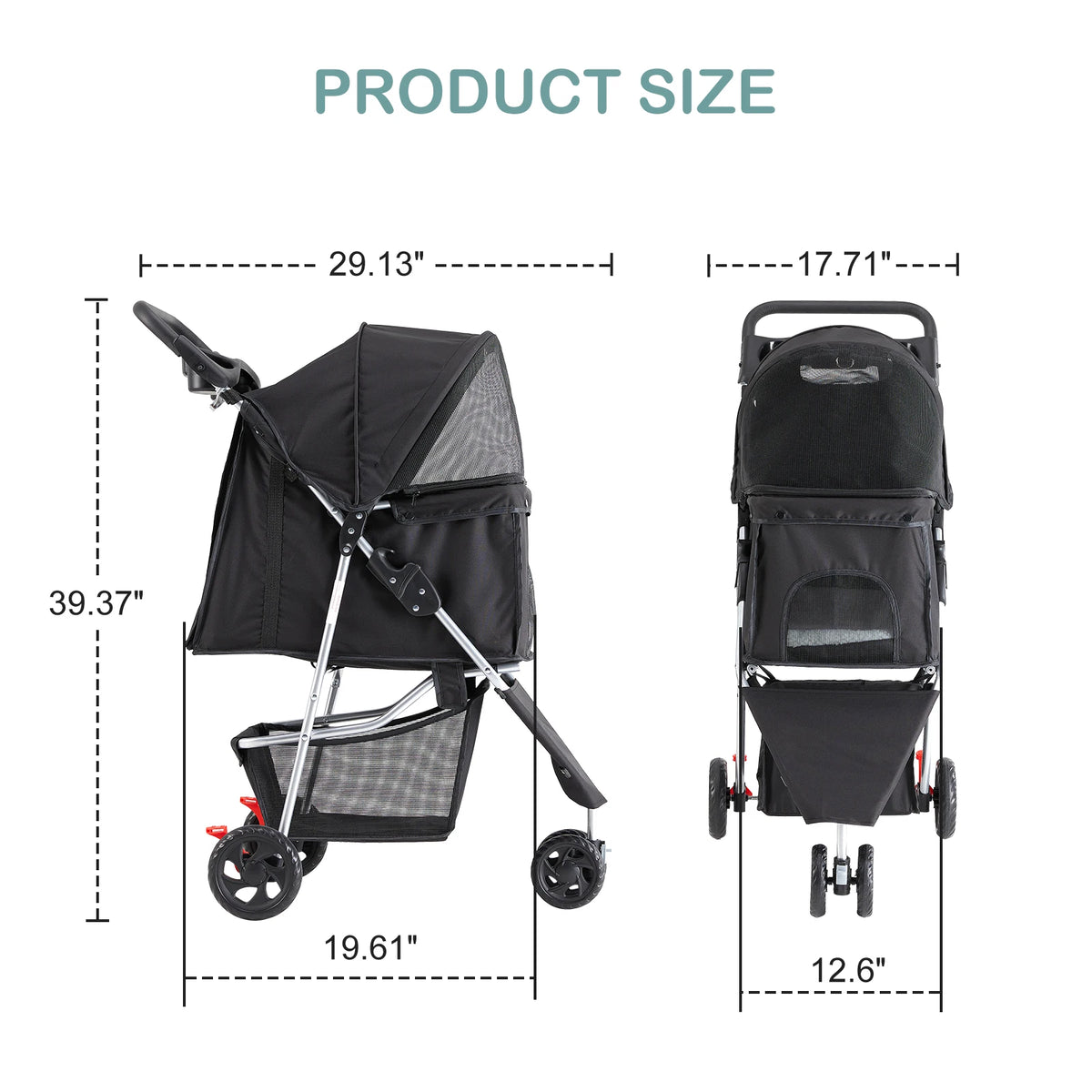3 Wheel Foldable Pet Stroller For Small Dogs With Cushioned Wheels And Basket