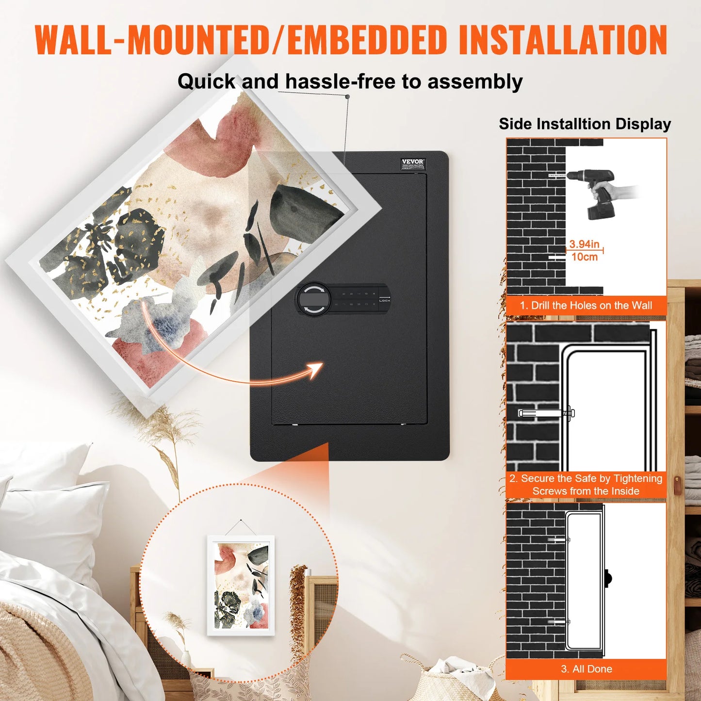 SucceBuy Hidden Wall Safe With Keypad 3 Shelves Q235 Cold Rolled Steel Passport