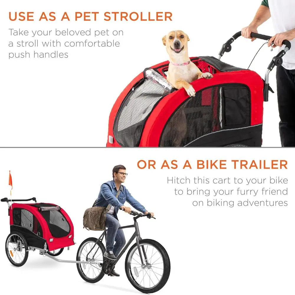 Red 2 In 1 Dog Bike Trailer Pet Stroller With Hitch And Suspension
