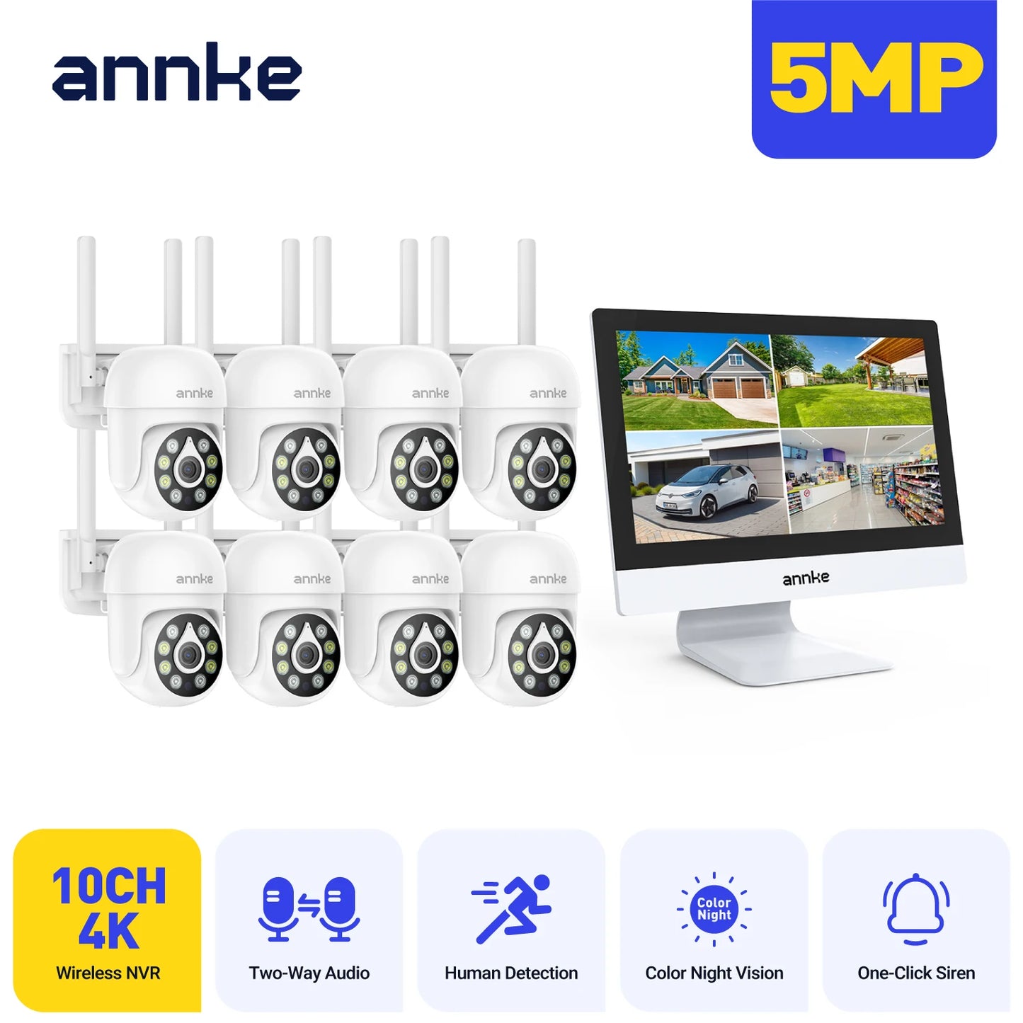 Annke 4MP Solar Security Cameras 12 Inch LCD PTZ WiFi Color Night Vision PIR