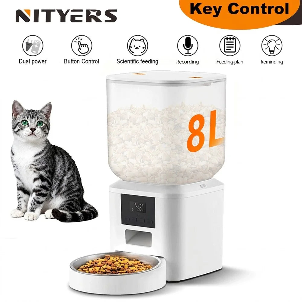 Nityers 8L Automatic Cat Feeder With Stainless Steel Bowl Timed Auto Dispenser