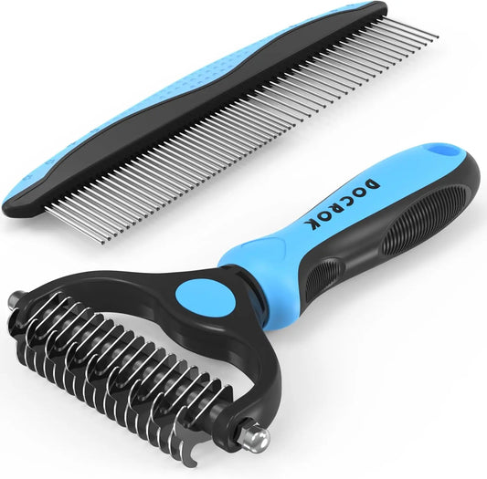Blue Deshedding Brush And Metal Comb For Detangling And Dematting Long Fur