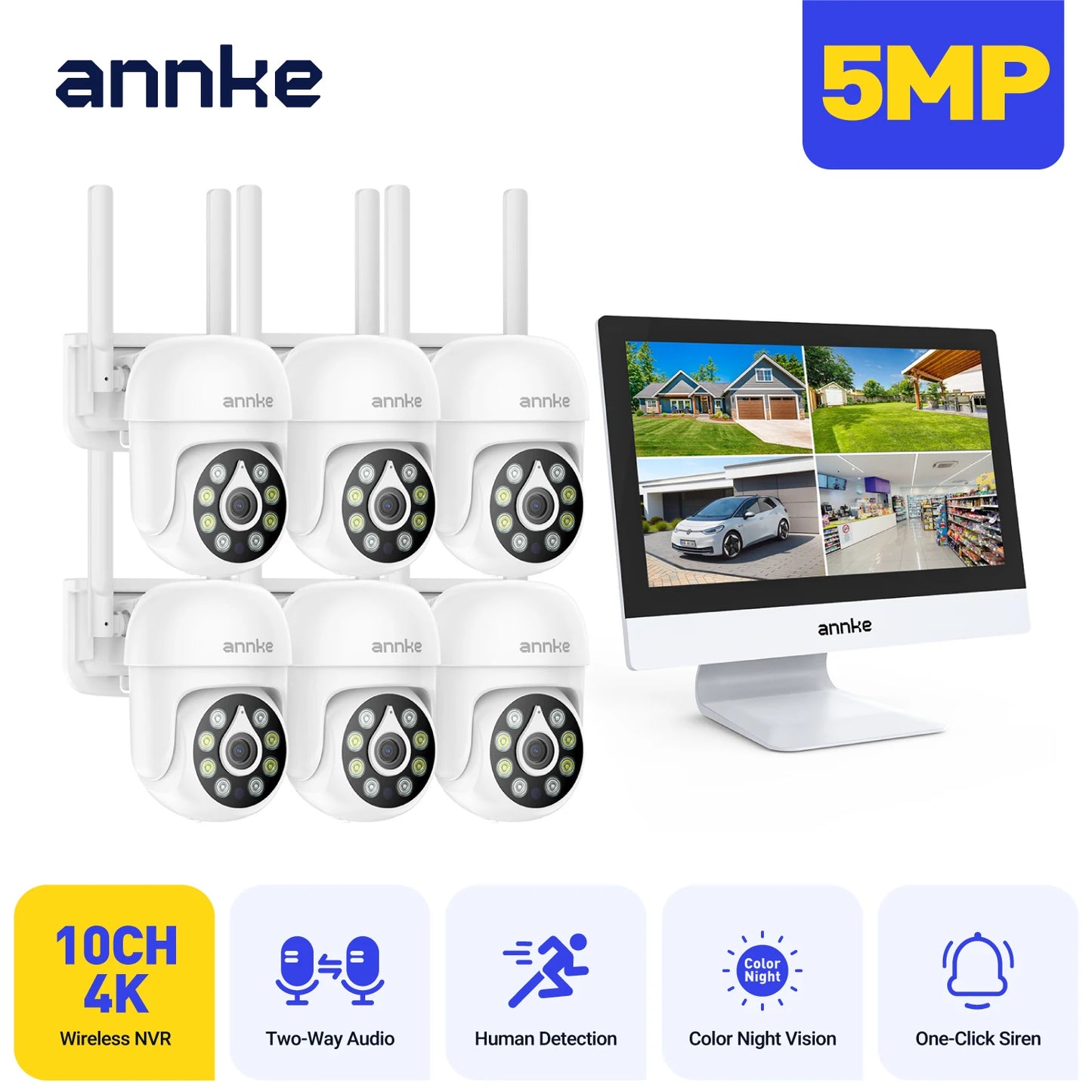 Annke 4MP Solar Security Cameras 12 Inch LCD PTZ WiFi Color Night Vision PIR