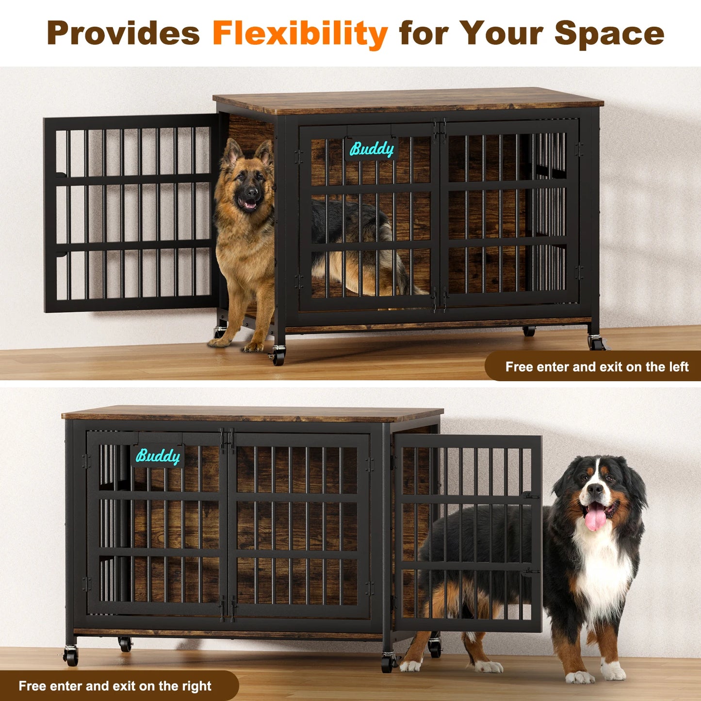 Heavy Duty Dog Crate Furniture With Casters For Large Dogs Indoor TV Stand